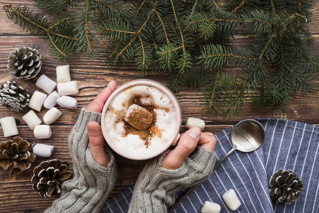 Mãos segurando uma xícara de chocolate quente com marshmallows, cercada por pinhas e ramos de pinheiro.