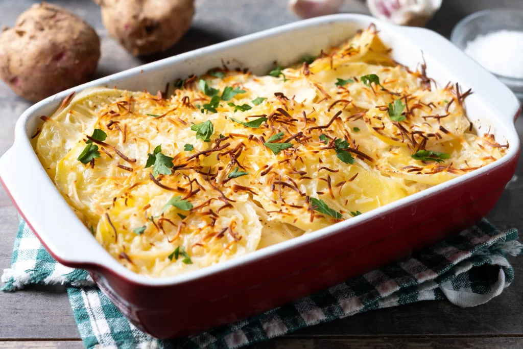 Travessa com batatas gratinadas, cobertas com queijo dourado e decoradas com salsa picada.