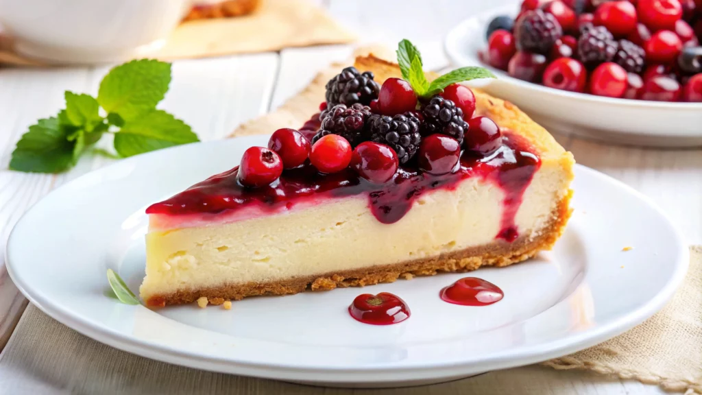 Fatia de cheesecake coberta com calda de frutas vermelhas.